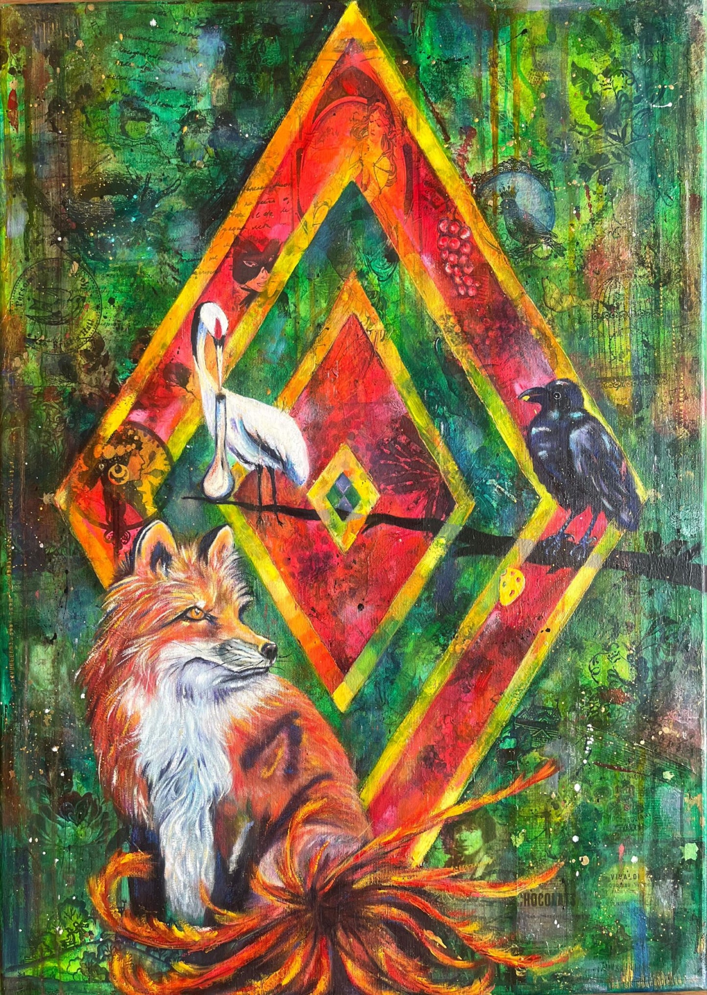Oil painting in shades of green and red of a fantasy nine-tail fox