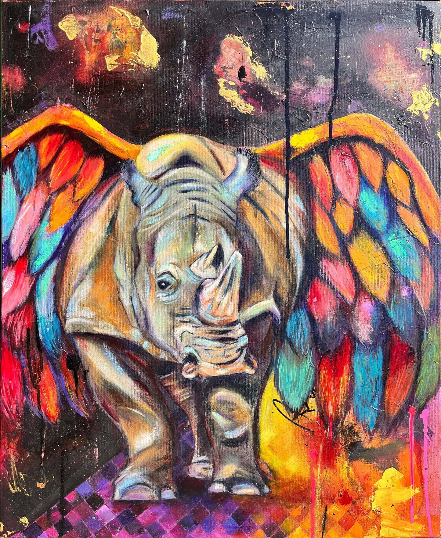 oil painting of a rhino with colorful open wings