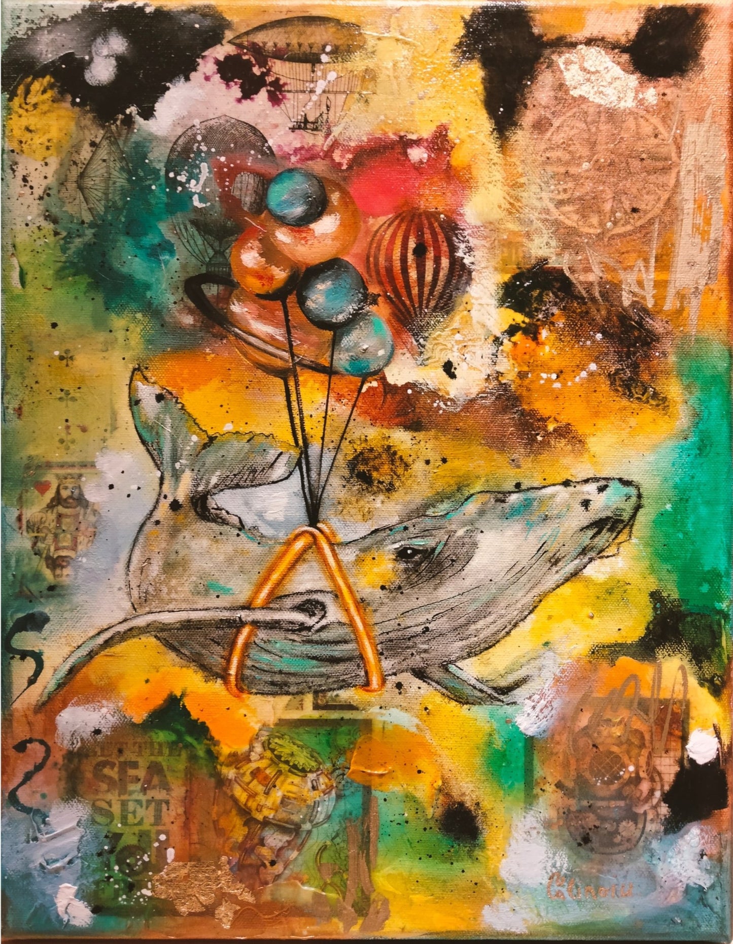 Fantasy oil painting of a whale lifted by planets