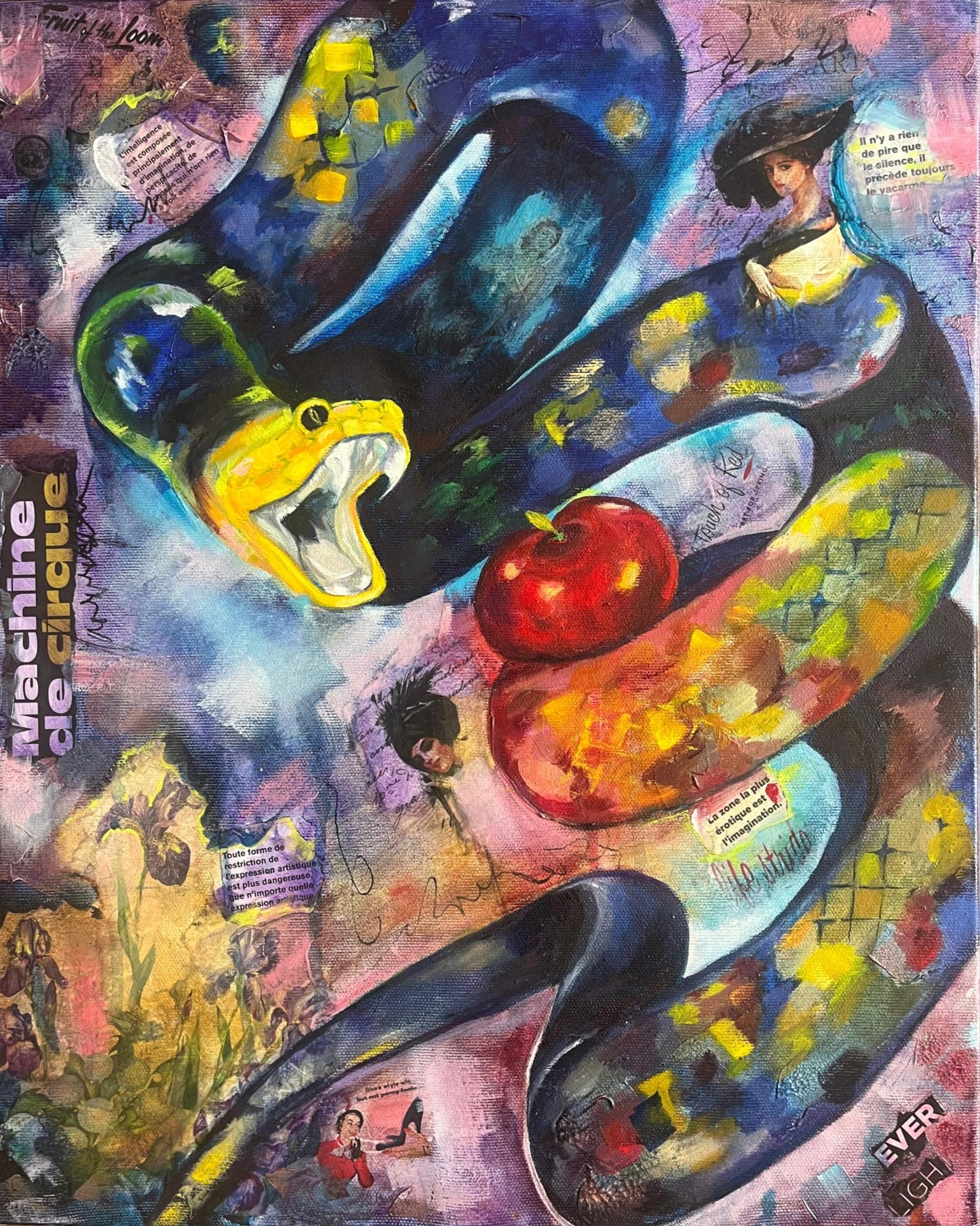 Oil painting and collage of a fantasy colored snake
