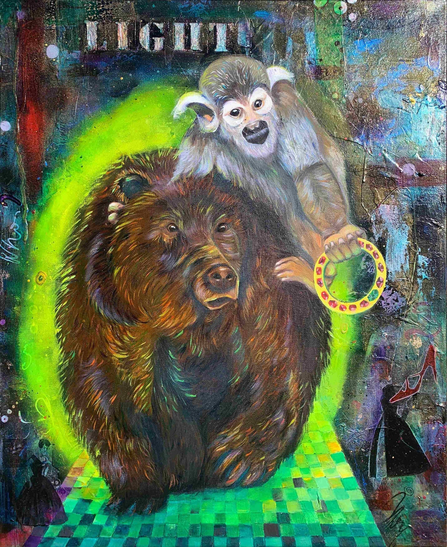 Fantasy oil painting of a brown bear and a squirel monkey