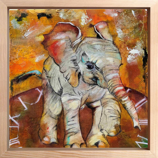 Framed oil painting in shades of brown of a little elephant running