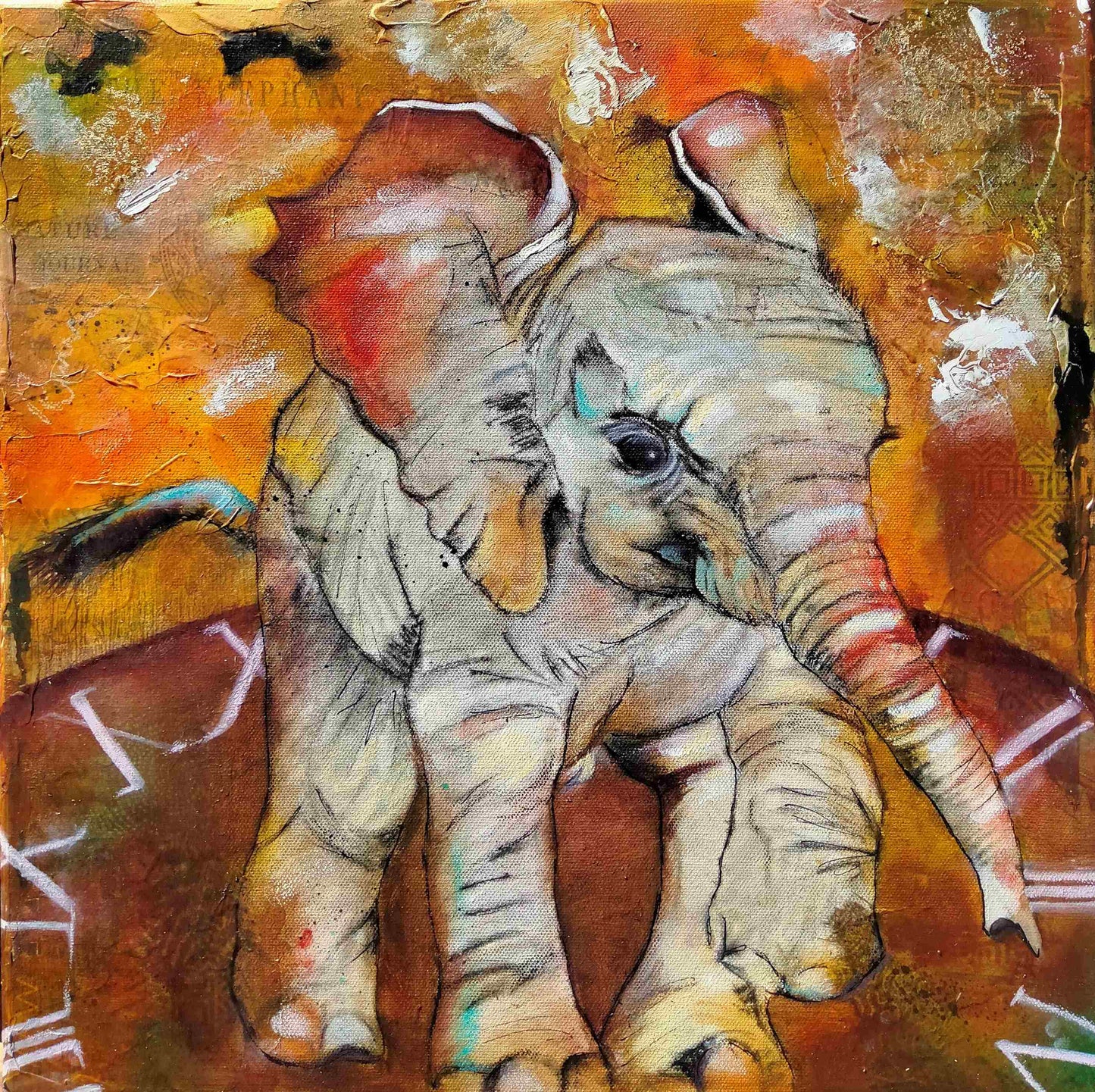 Oil painting in shades of brown of a little elephant running