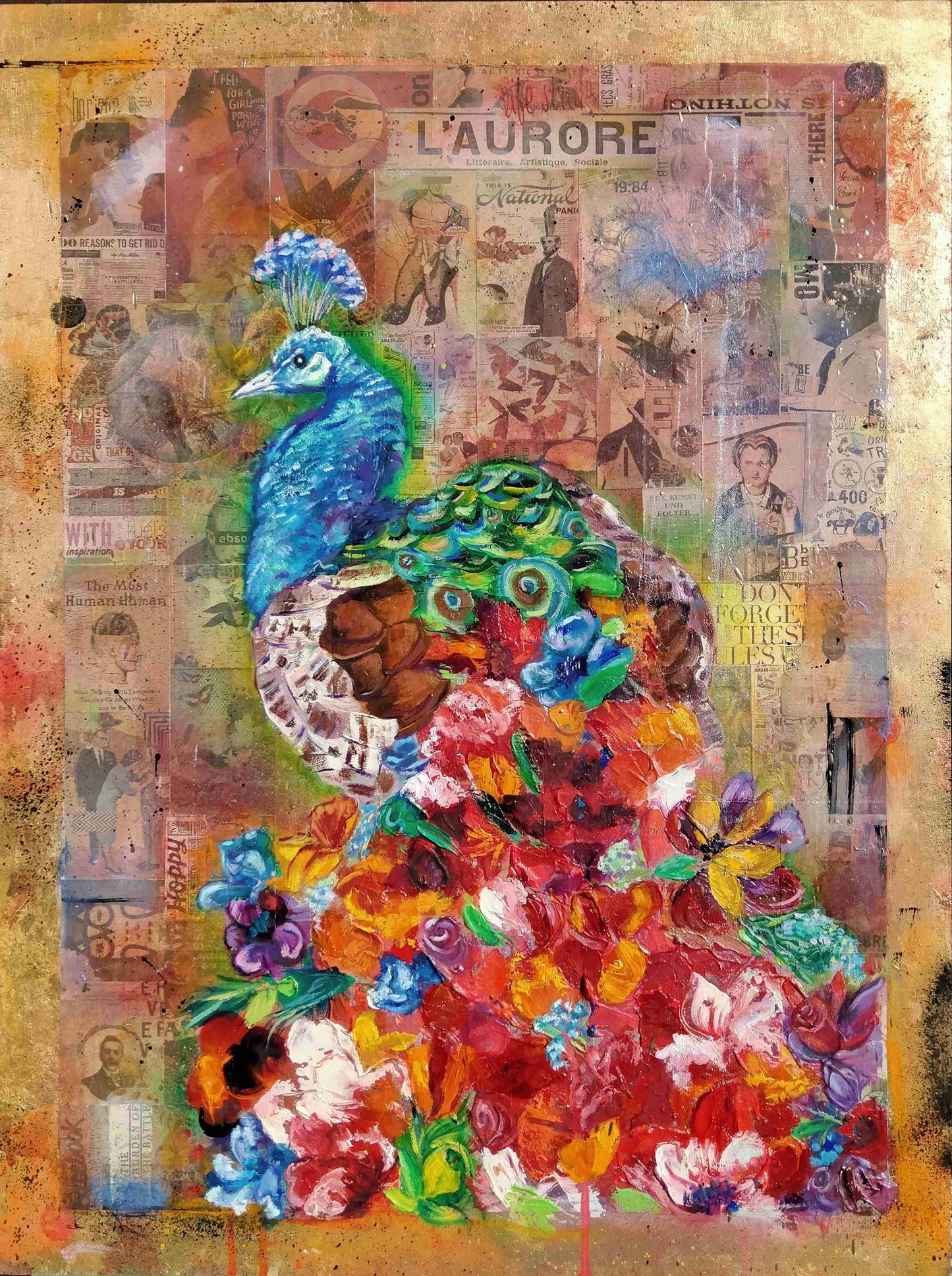 Oil painting and collage on wooden panel of a fantasy peacock with tail of flowers