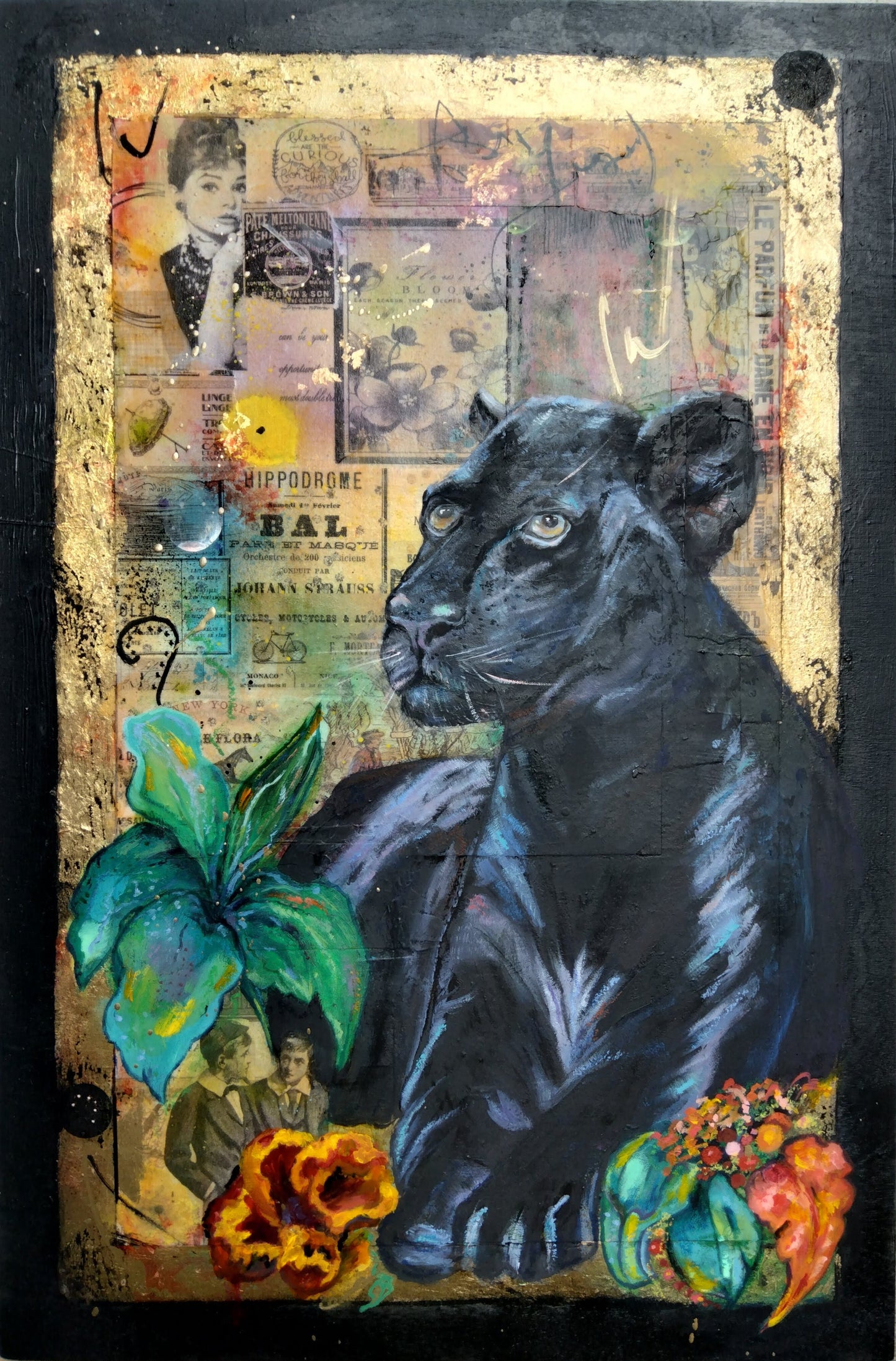 Oil painting and collage on wood board of a black jaguar