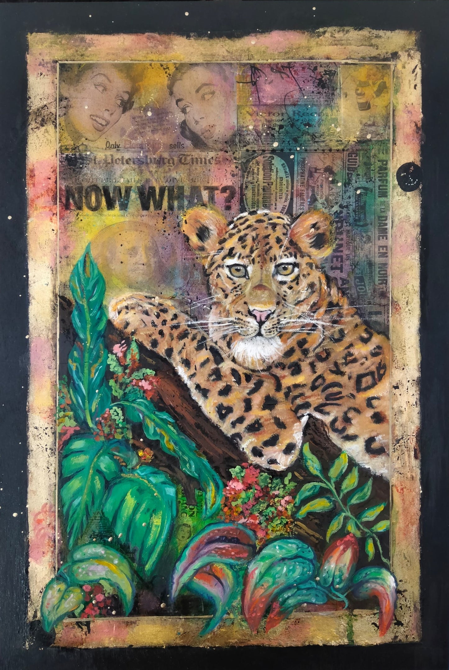 Oil painting and collage on wooden board of a jaguar in a tree