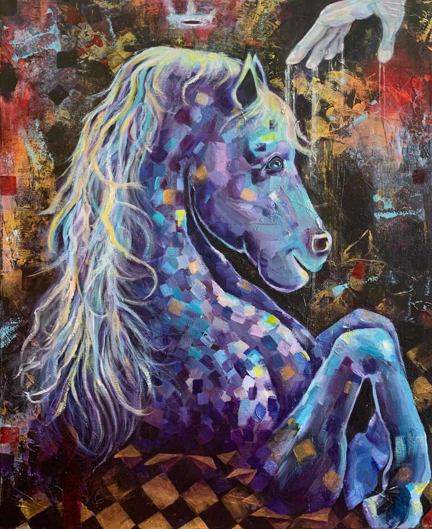 Oil painting of fantasy horse emerging from a chess board