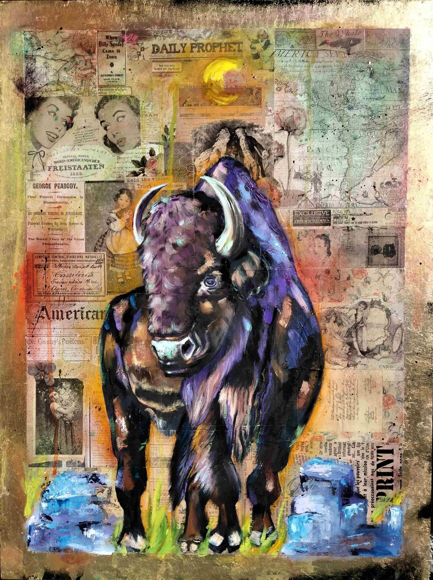 Oil painting and collage on wooden panel of a colorful American bison