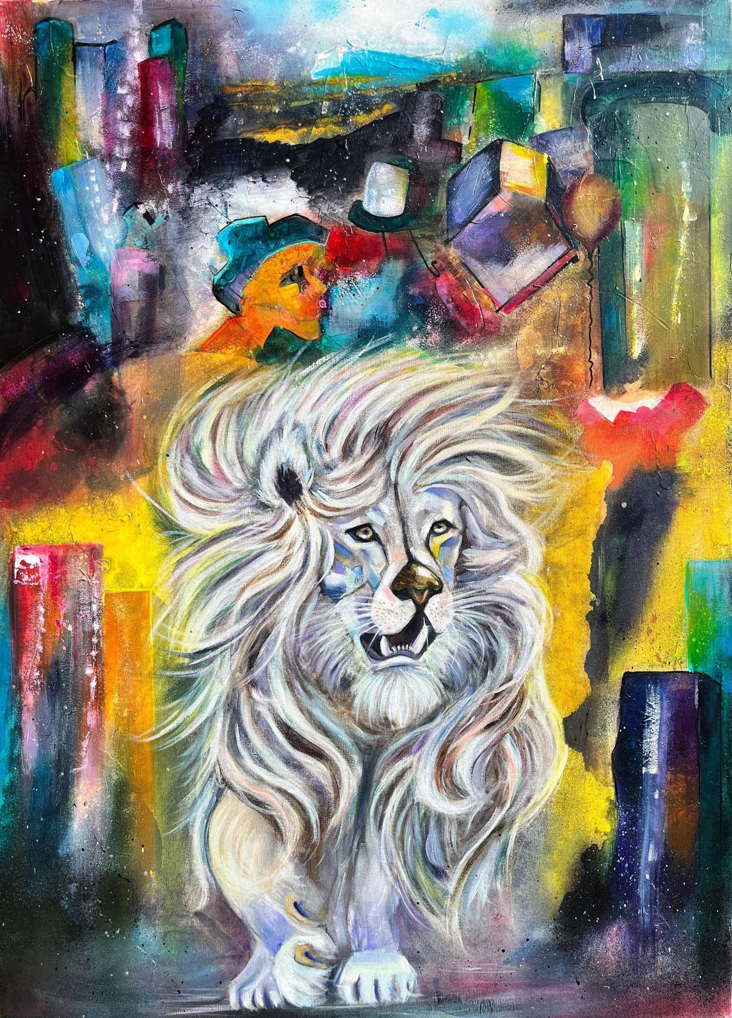oil painting of a white lion walking proud