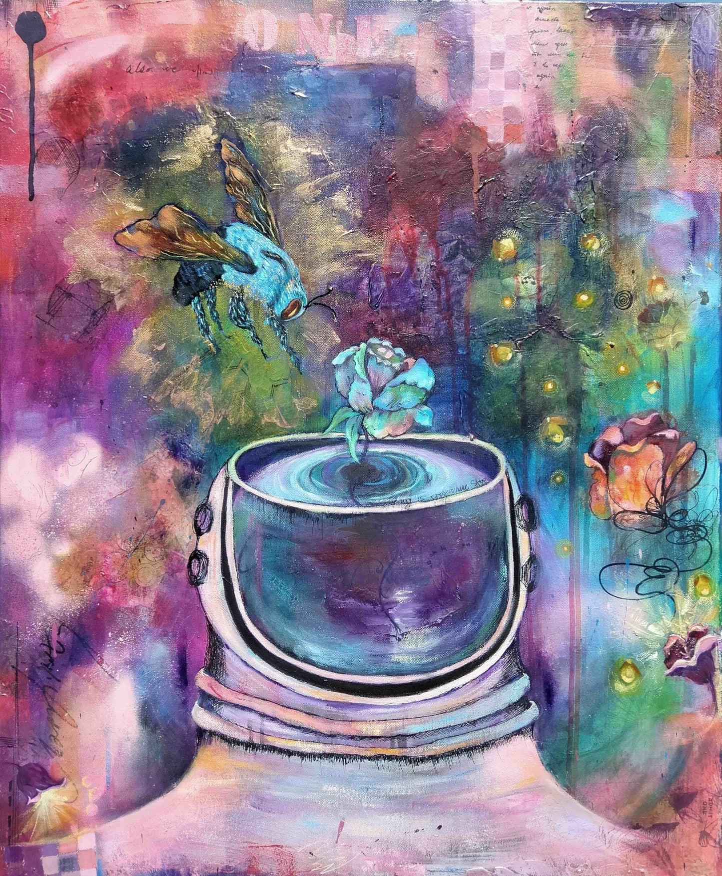 colorful oil painting showing the Earth inside an astronaut suit, a blue rose and a blue bee