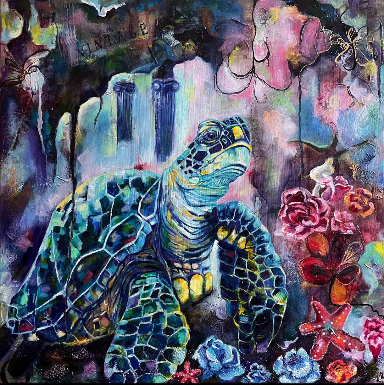 Oil painting of a colorful tortoise in an underwater fantasy world