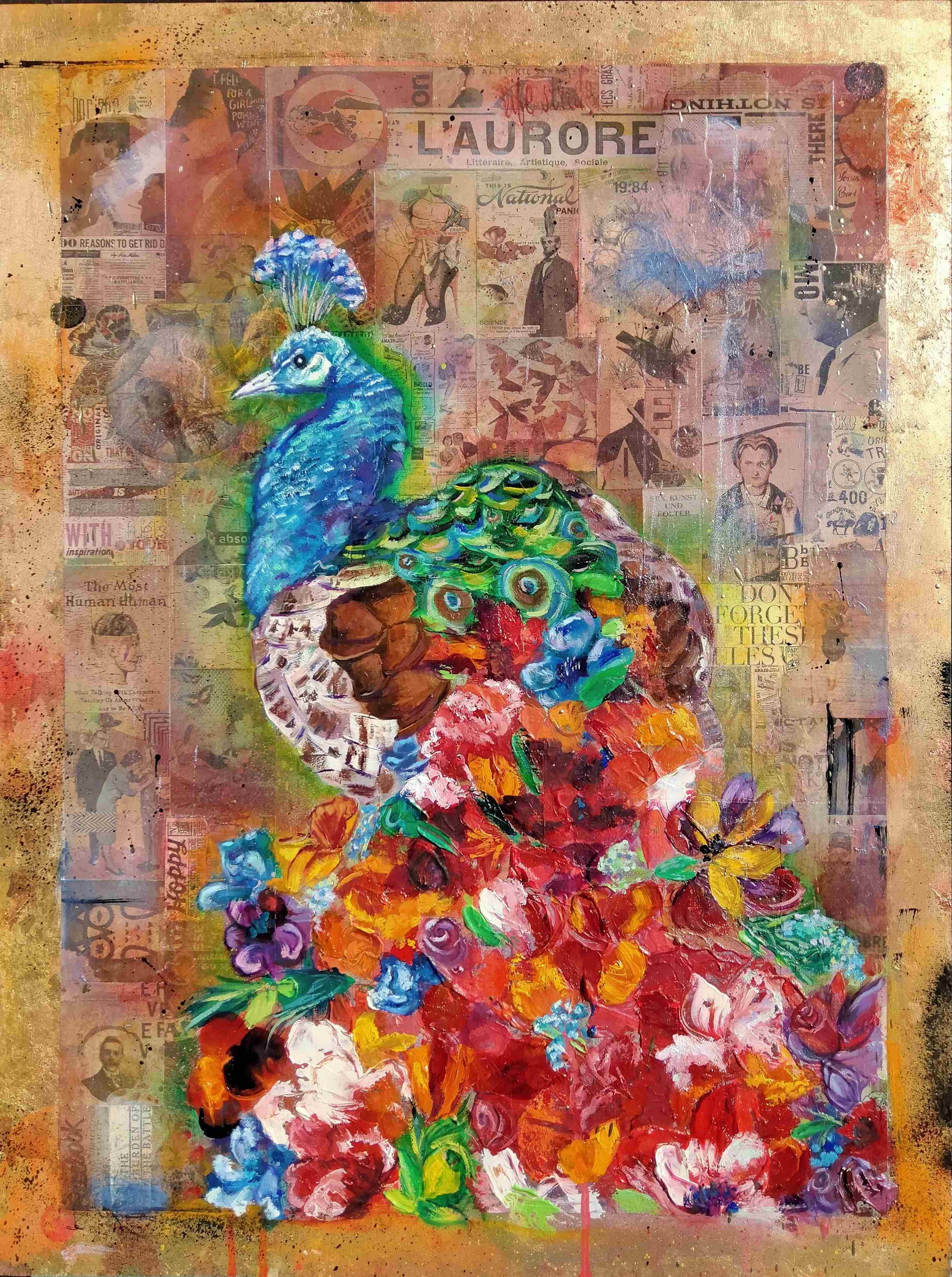 Oil painting and collage on wooden panel of a fantasy peacock with tail of flowers