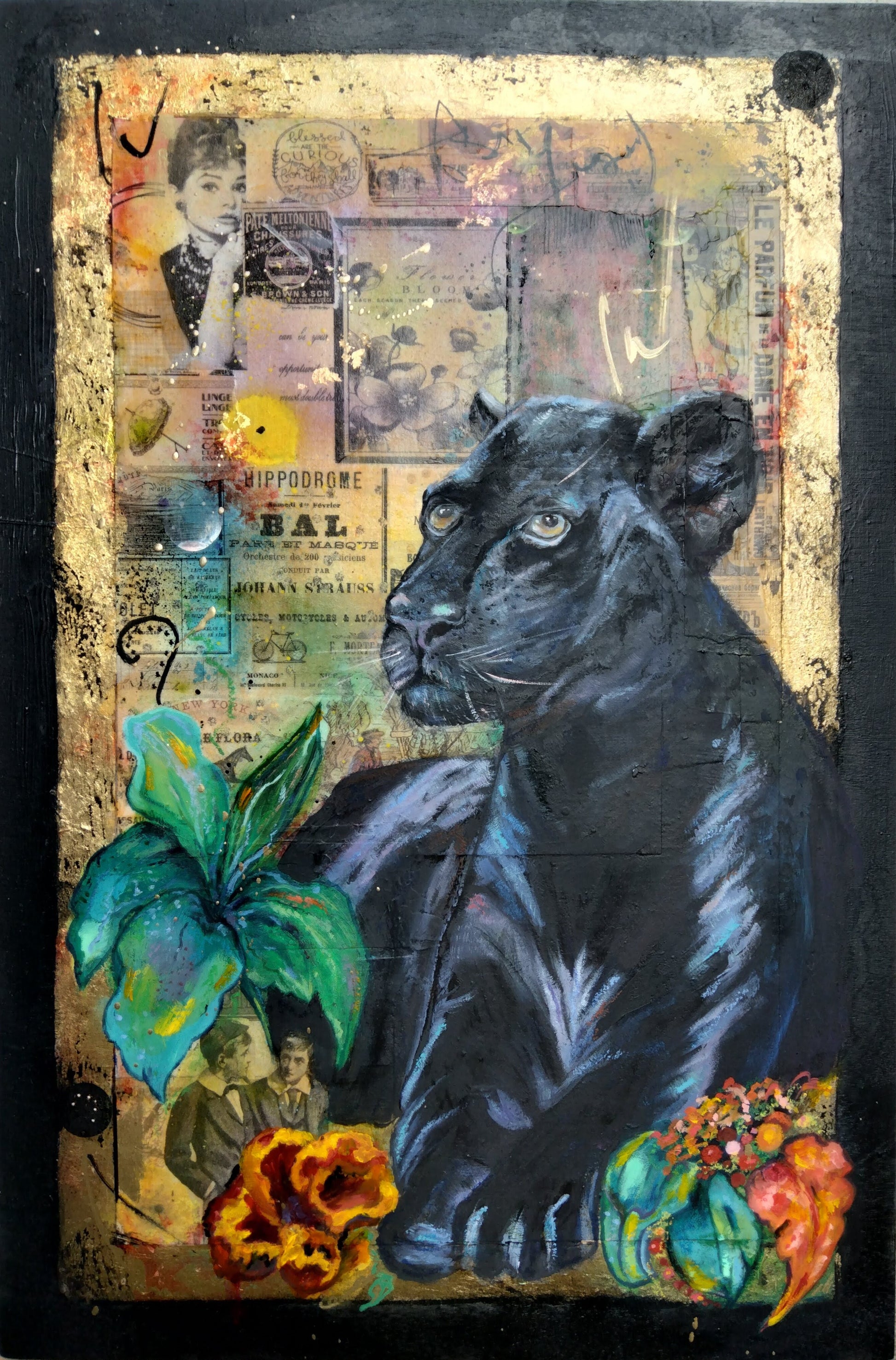 Oil painting and collage on wood board of a black jaguar