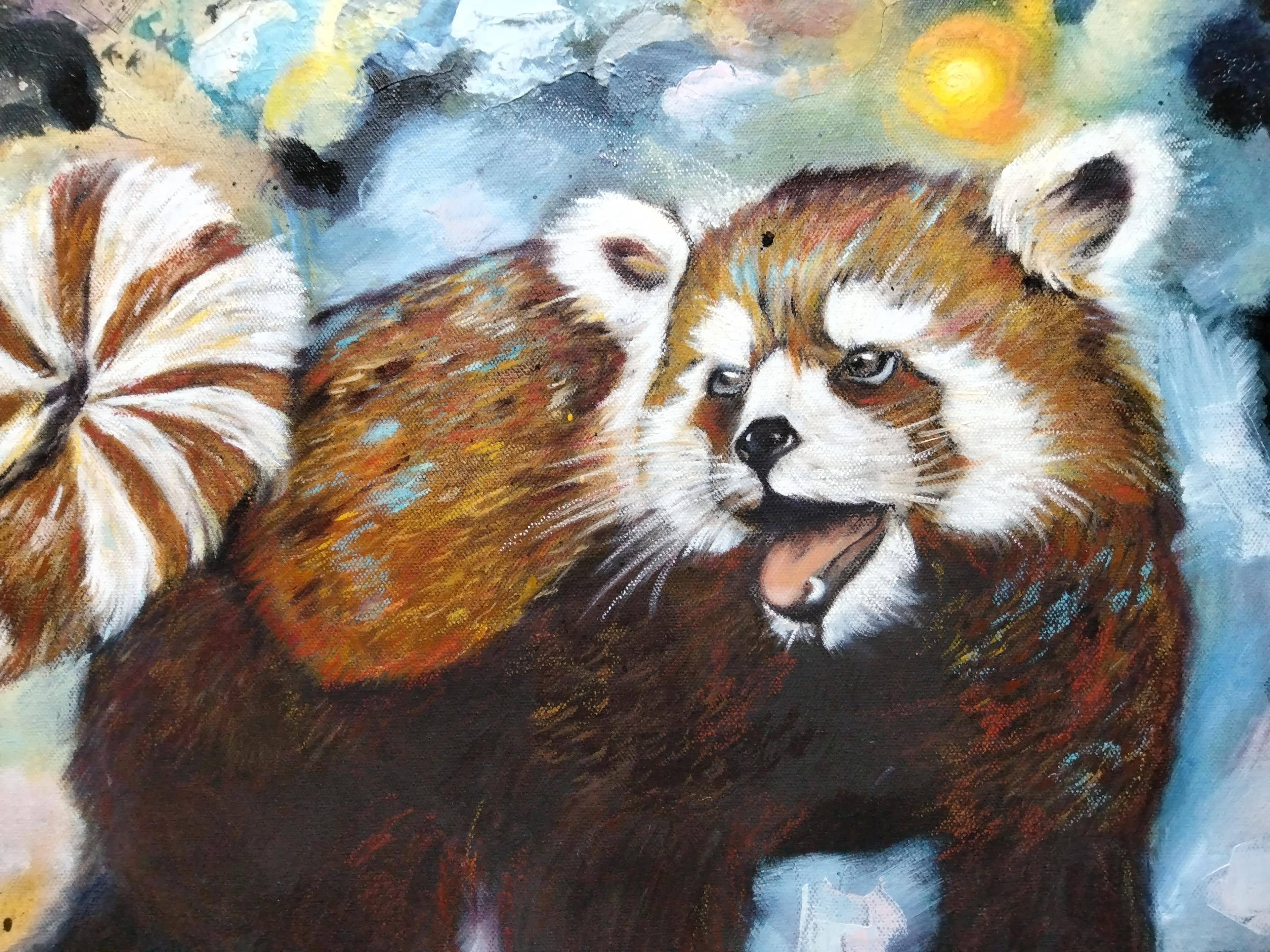 A close-up painted portrait of a red panda with brown, white, and black fur, shown against an abstract blue and cream background with a yellow light near the top right.