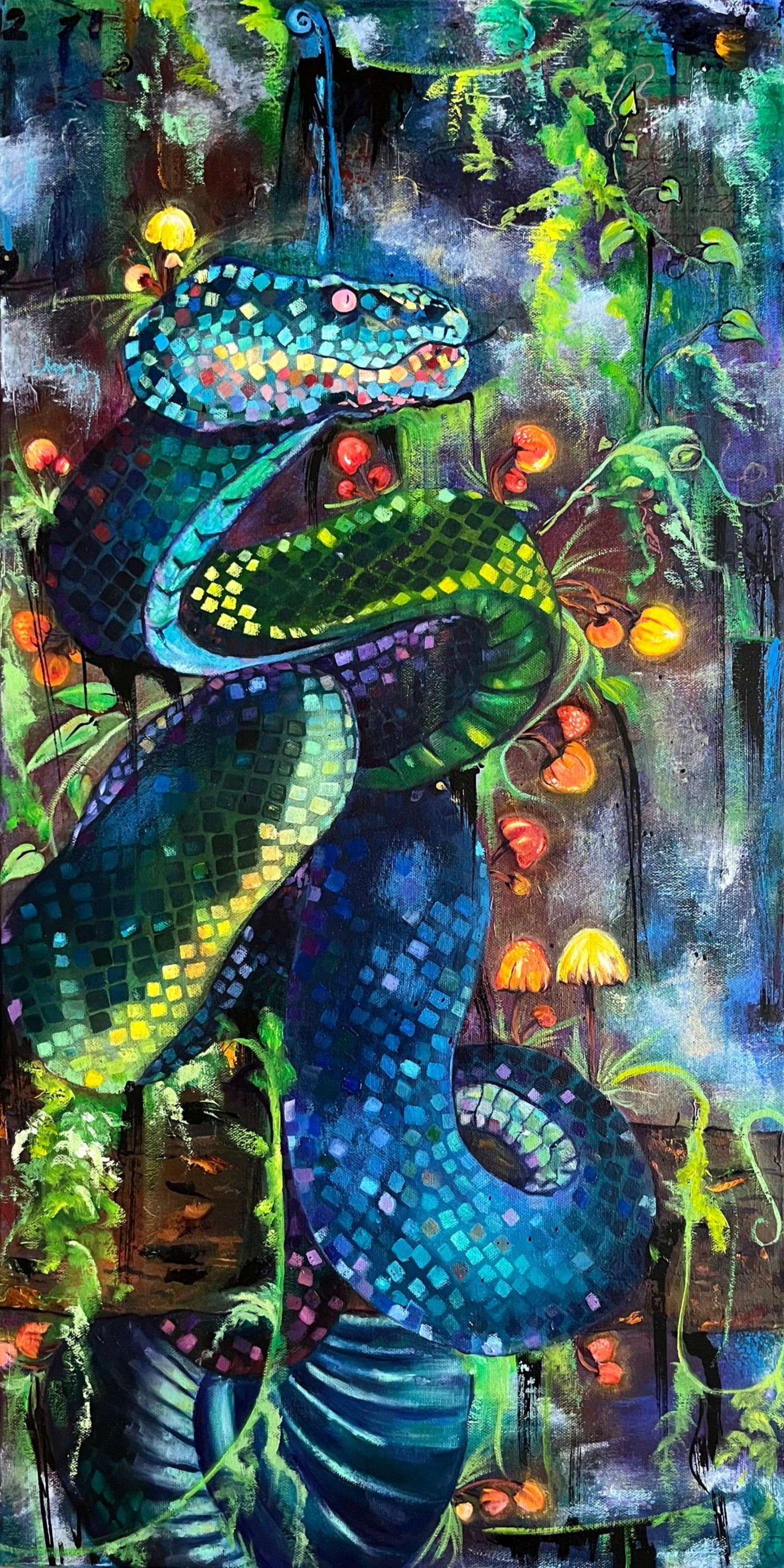 Oil painting in shades of blue and green of a fantasy stylized snake