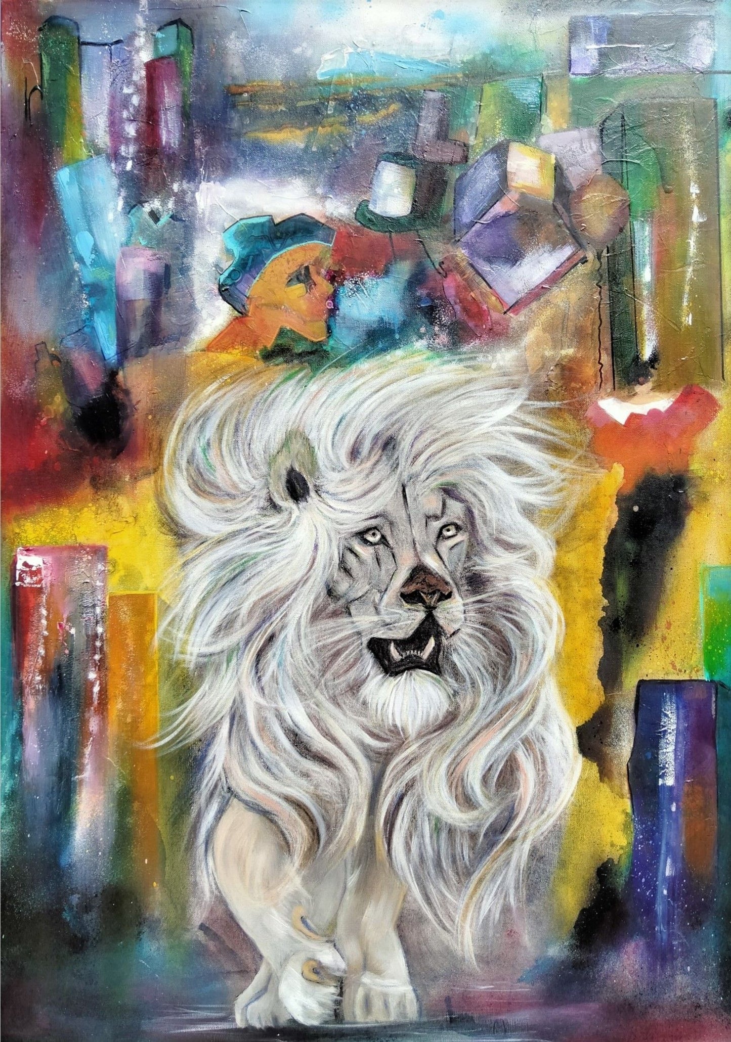 oil painting of a white lion walking proud 