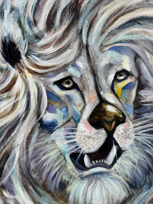 Painting of a white lion with a flowing mane