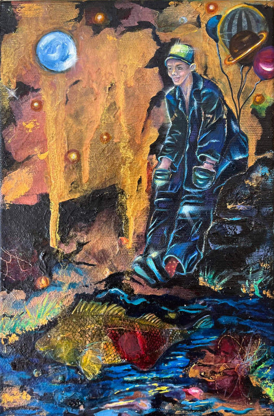 Colorful oil painting of a smiling man sitting on a rock between ski and earth