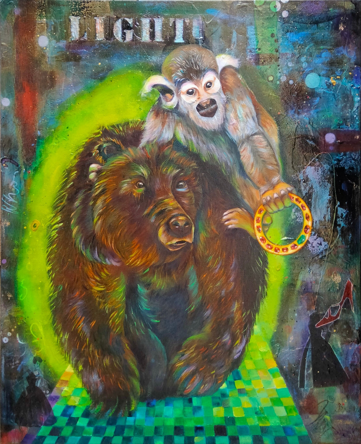A colourful canvas painting by Romanian artist Cristina Calinoiu featuring a large grizzly bear in the foreground and a small squirrel monkey. 