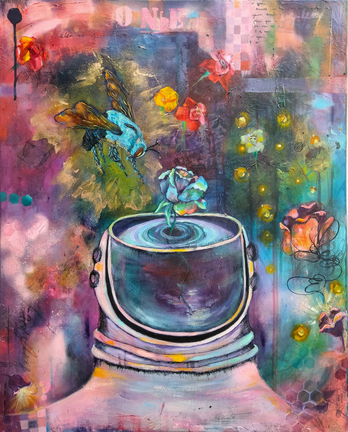 A colourful canvas painting by Romanian artist Cristina Calinoiu featuring a blue carpenter bee, a stylized blue rose blooming from inside a astronaut helmet, with abstract floral elements in a dreamy, painterly background.